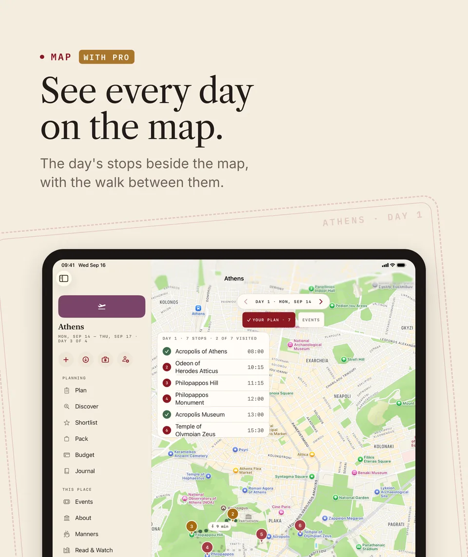 App Store screenshot on iPad. Map, with Pro: the day's stops beside the map, with the walk between them.