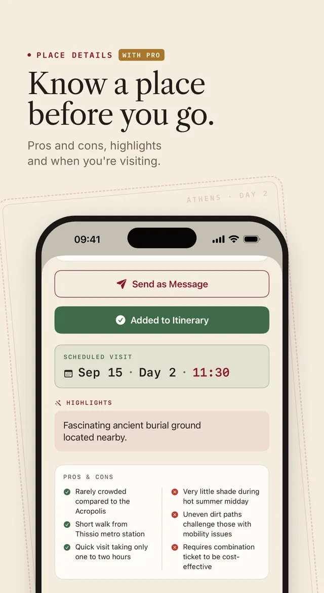App Store screenshot. Place details, with Pro: know a place before you go, with pros and cons and highlights.