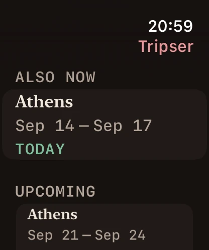 Tripser on Apple Watch: the list of trips.